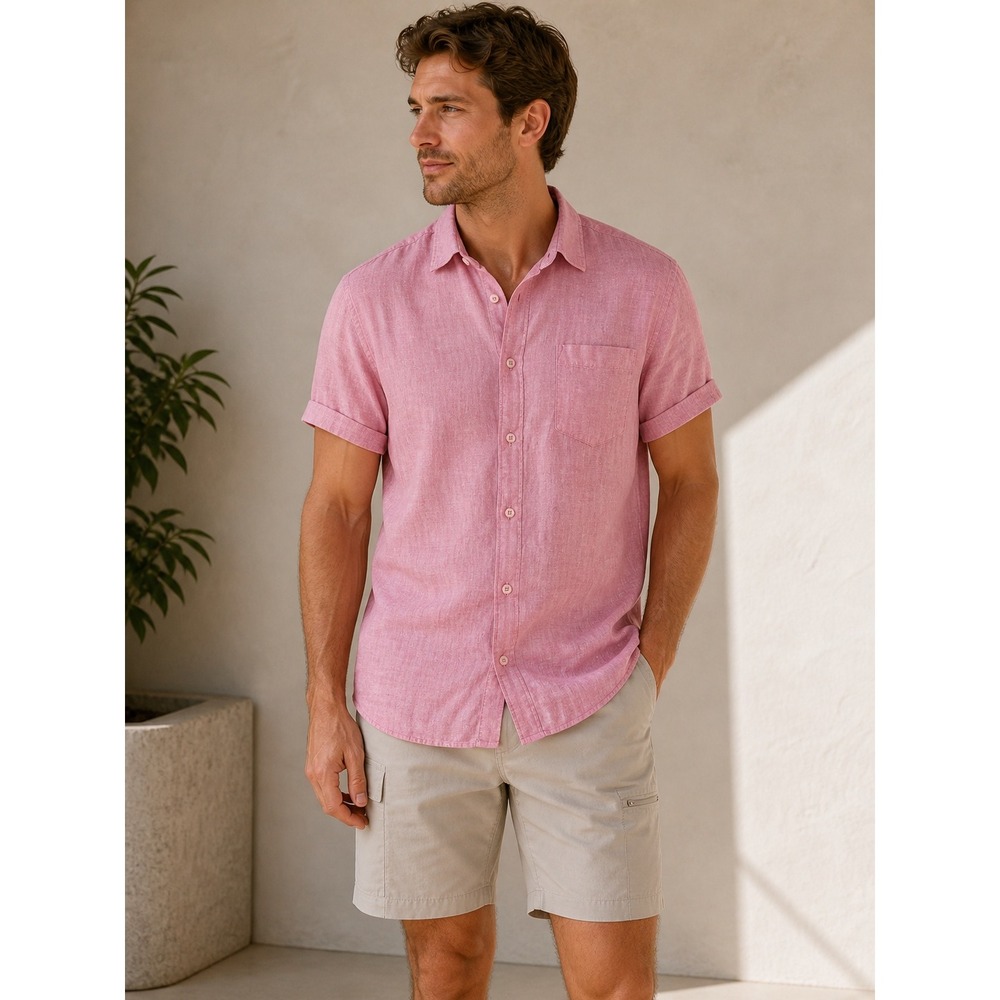 Cubavera Linen Shirt Mens XL Red Pink Short Sleeve Button Down Pocket Breathable